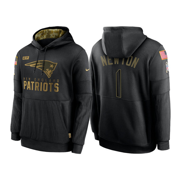 Men's New England Patriots #1 Cam Newton 2020 Black Salute to Service Sideline Performance Pullover Hoodie